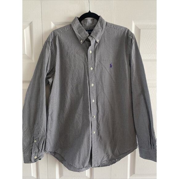 Ralph Lauren Mens Classic Fit Large Black Gingham‎ Button Down Purple Logo - Picture 1 of 6